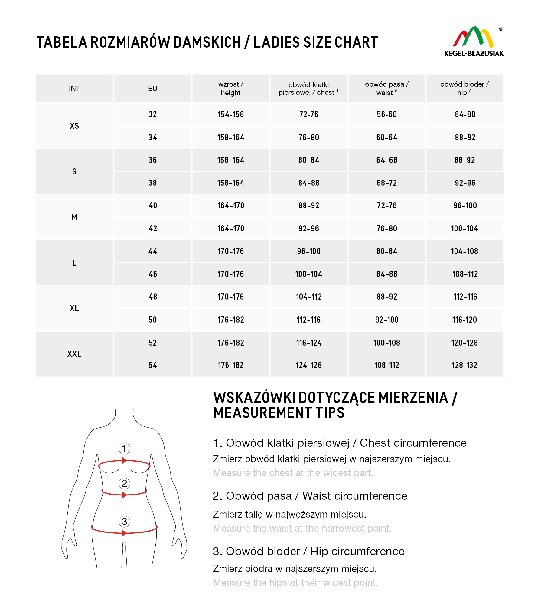 Tabela rozmiarów damskich