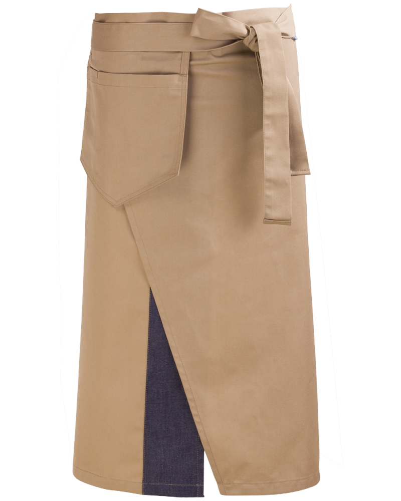 Beżowa zapaska kelnerska z wiszącą kieszenią 75 cm - z paskami w talii